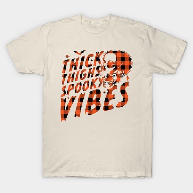 Thick Thighs Spooky Vibes Funny Halloween Skull Orange Plaid T-Shirt by OrangeMonkeyArt